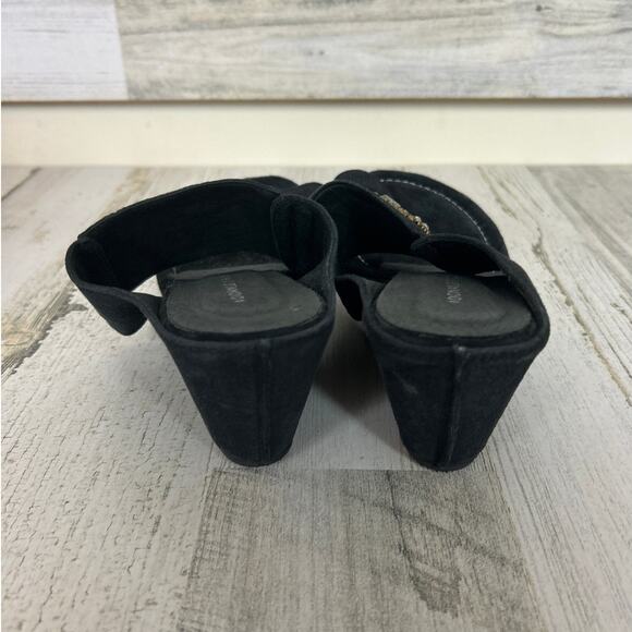 Donald J Pliner Women’s 8 Black Suede Gold Jeweled Slip-On Wedge Sandals Designe - Picture 4 of 7